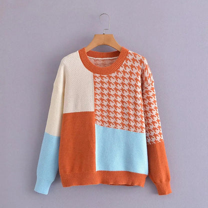 Round Neck Knit Pullover Sweater – Color-Block Loose Fit Everyday Style