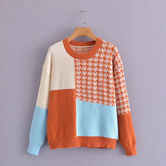 Round Neck Knit Pullover Sweater – Color-Block Loose Fit Everyday Style