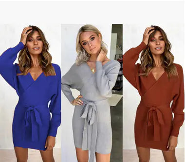 V-Neck Bodycon Long Sleeve Dress – Elegant Curve-Hugging Winter Style