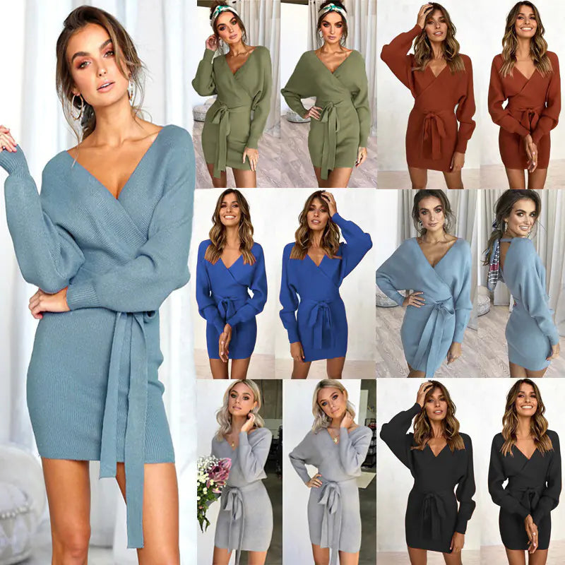 V-Neck Bodycon Long Sleeve Dress – Elegant Curve-Hugging Winter Style