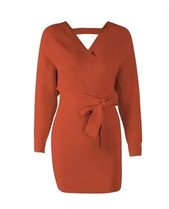 V-Neck Bodycon Long Sleeve Dress – Elegant Curve-Hugging Winter Style