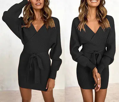 V-Neck Bodycon Long Sleeve Dress – Elegant Curve-Hugging Winter Style
