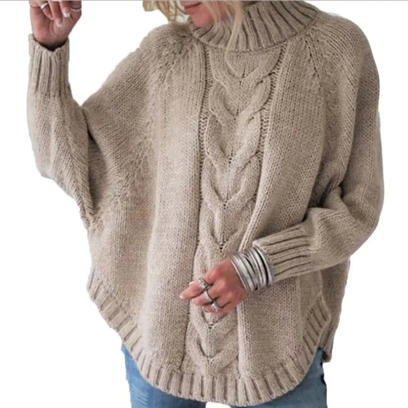 High Collar Bat Sleeve Knit Sweater – Cozy & Chic Autumn/Winter Style