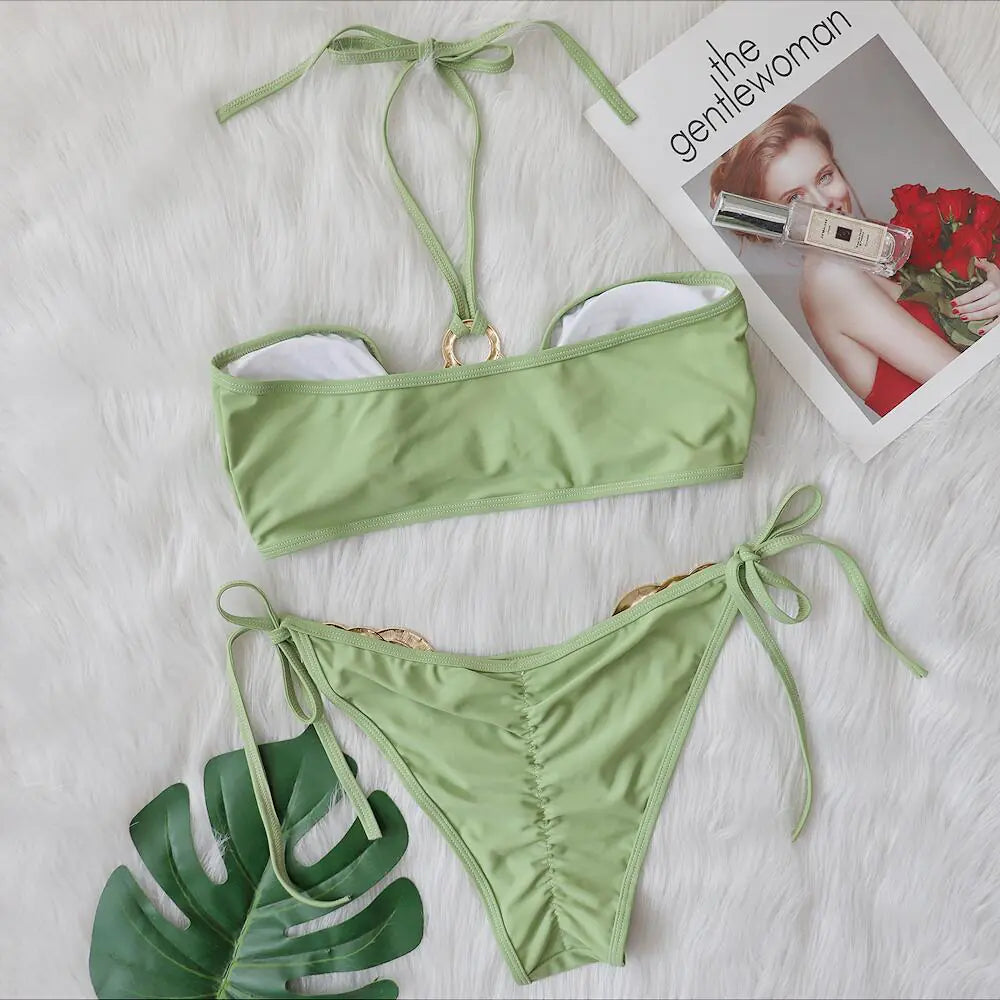 Metal Accent Strapless Hollow-Out Bikini Swimsuit – Women’s Summer Two-Piece (Green)